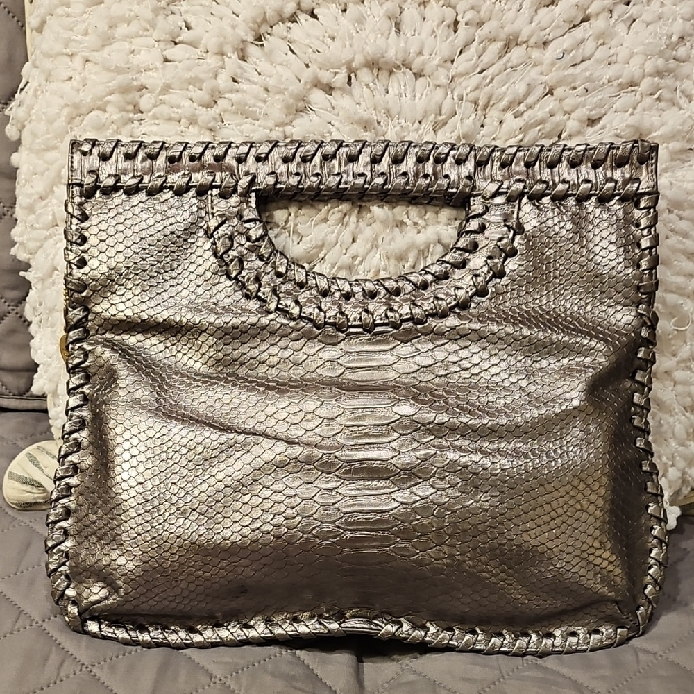 Big Buddha Snake Embosed Silver Metallic Clutch with Chain Detail - Picture 4 of 14
